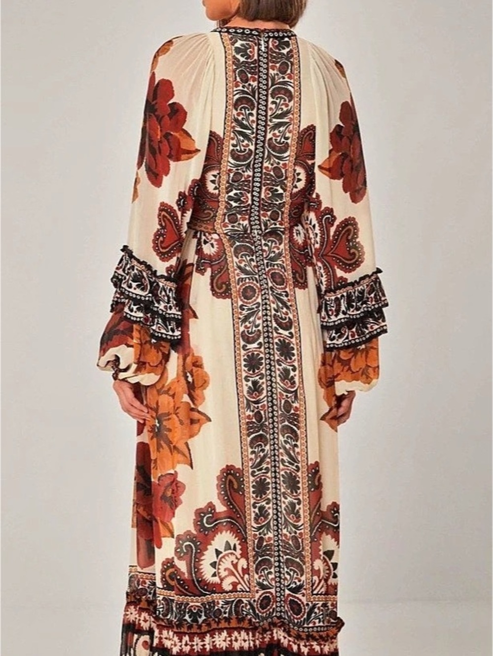 FARM Rio Brown Paisley Bloom Long-Sleeve Maxi-Dress Cream & Red - Picture 2 of 6